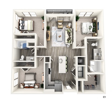 Floor plan for 3 beds, 2 baths, 1349 sqft
